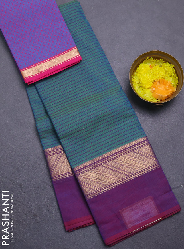 Chettinad cotton saree dual shade of greenish blue and purple with allover thread stripes pattern and zari woven simple border