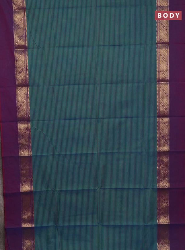 Chettinad cotton saree dual shade of greenish blue and purple with allover thread stripes pattern and zari woven simple border