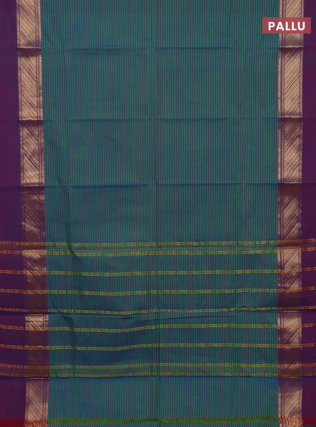 Chettinad cotton saree dual shade of greenish blue and purple with allover thread stripes pattern and zari woven simple border