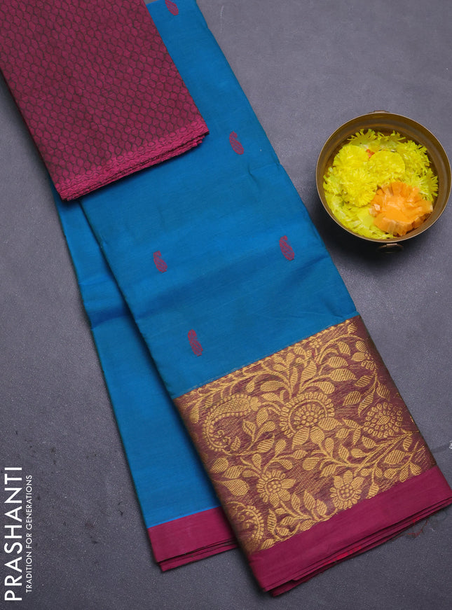 Chettinad cotton saree teal blue and purple with thread woven buttas and zari woven border