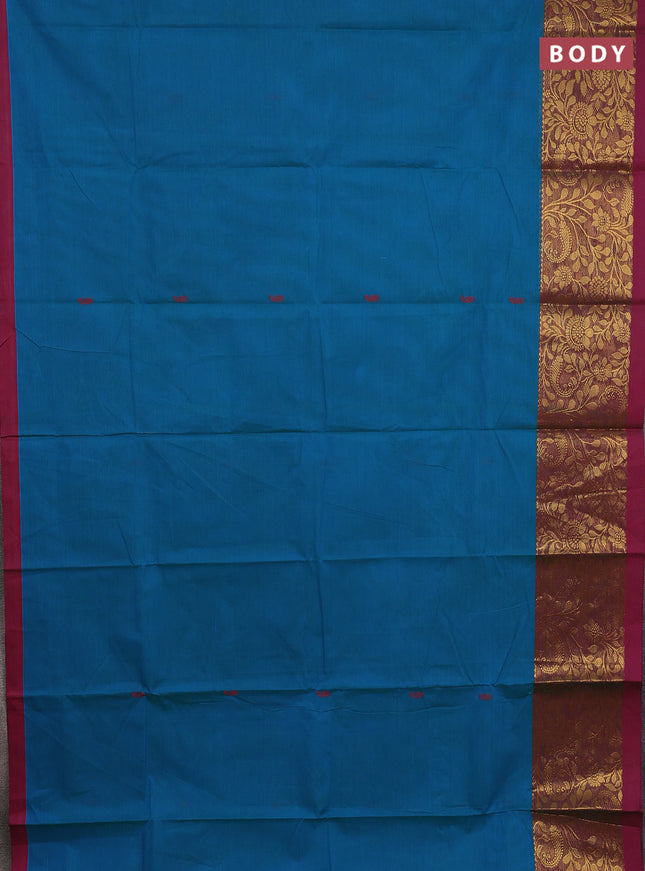 Chettinad cotton saree teal blue and purple with thread woven buttas and zari woven border