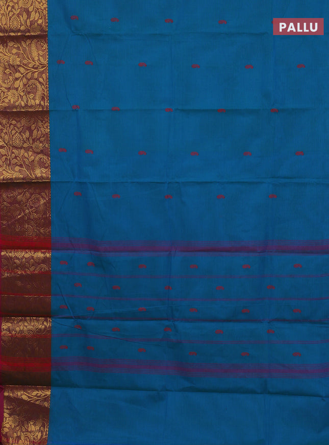 Chettinad cotton saree teal blue and purple with thread woven buttas and zari woven border