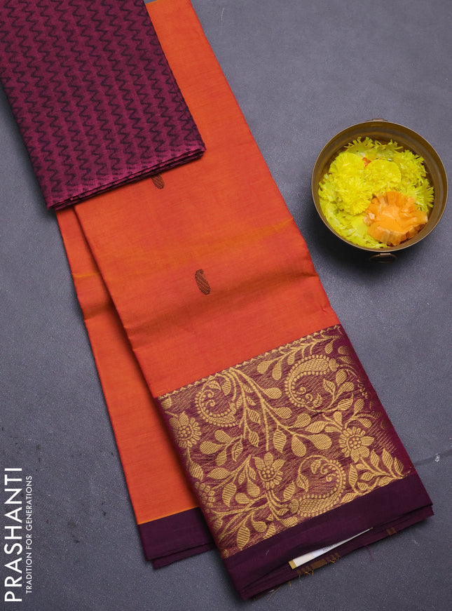 Chettinad cotton saree orange and deep maroon with paisley thread woven buttas and zari woven border