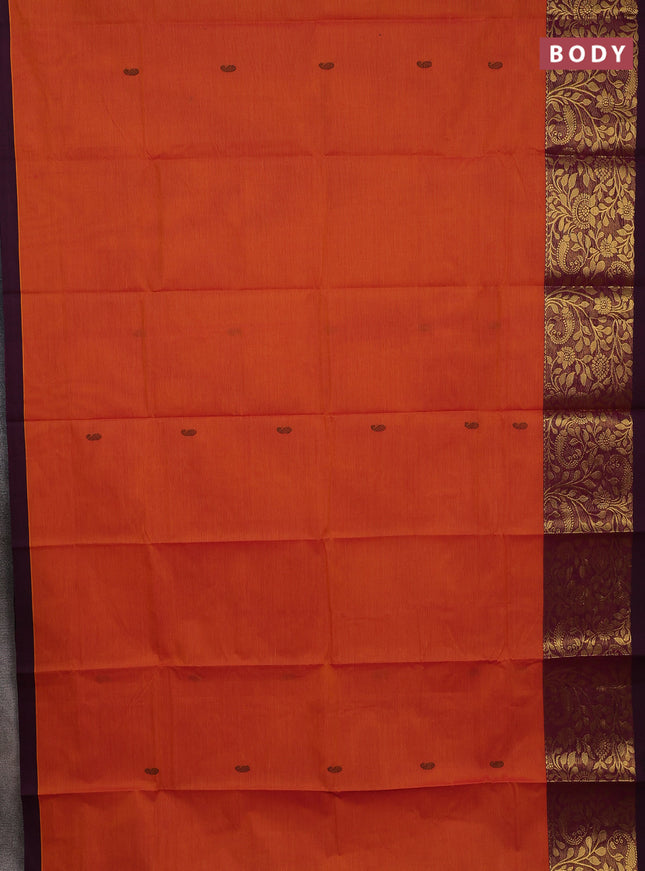 Chettinad cotton saree orange and deep maroon with paisley thread woven buttas and zari woven border