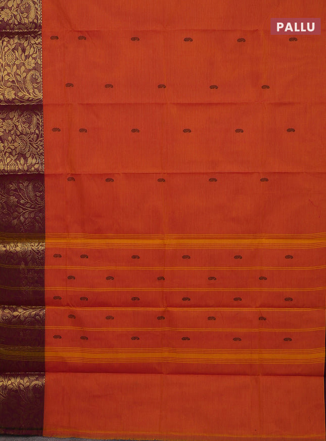 Chettinad cotton saree orange and deep maroon with paisley thread woven buttas and zari woven border