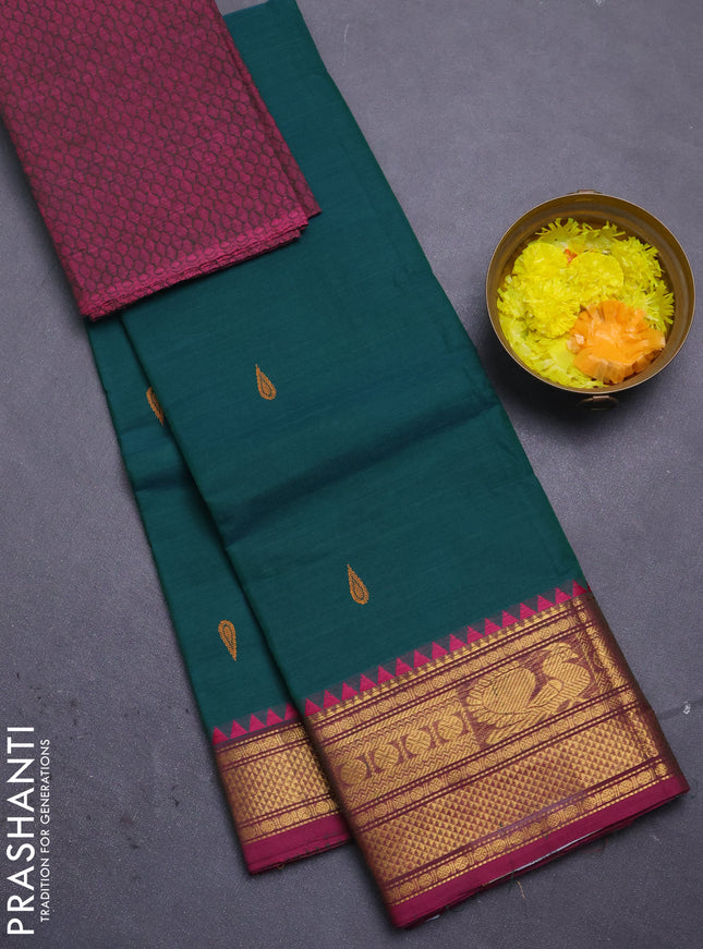 Chettinad cotton saree dual shade of green and purple with thread woven buttas and zari woven border