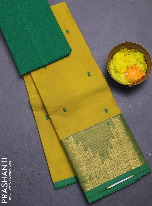 Chettinad cotton saree lime yellow and green with thread woven buttas and temple zari woven border