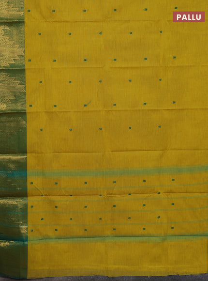Chettinad cotton saree lime yellow and green with thread woven buttas and temple zari woven border