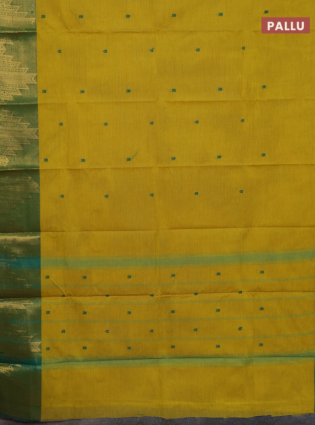 Chettinad cotton saree lime yellow and green with thread woven buttas and temple zari woven border