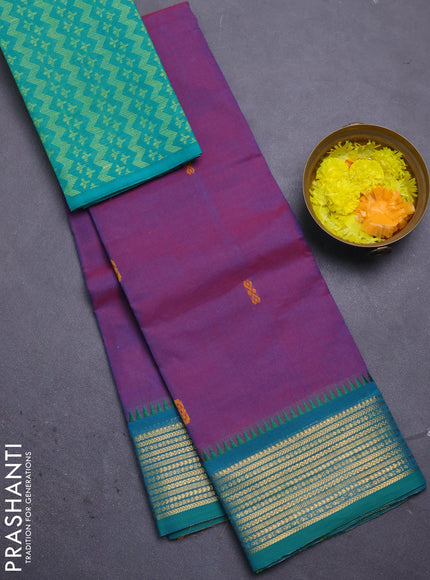Chettinad cotton saree purple and teal green with thread woven buttas and zari woven border
