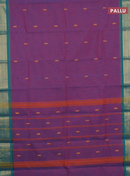 Chettinad cotton saree purple and teal green with thread woven buttas and zari woven border