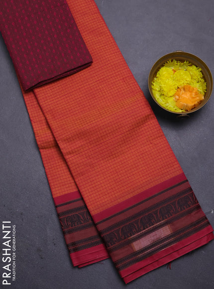 Chettinad cotton saree dual shade of pink and maroon with allover checked pattern and thread woven border
