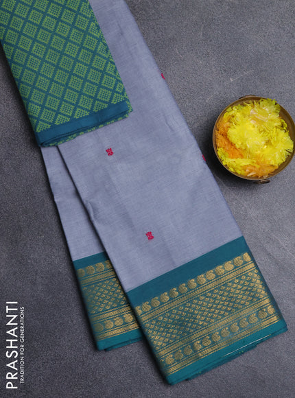 Chettinad cotton saree grey and teal green with thread woven buttas and zari woven border