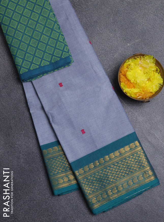 Chettinad cotton saree grey and teal green with thread woven buttas and zari woven border