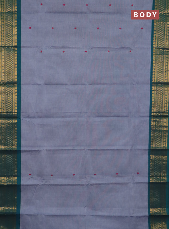 Chettinad cotton saree grey and teal green with thread woven buttas and zari woven border