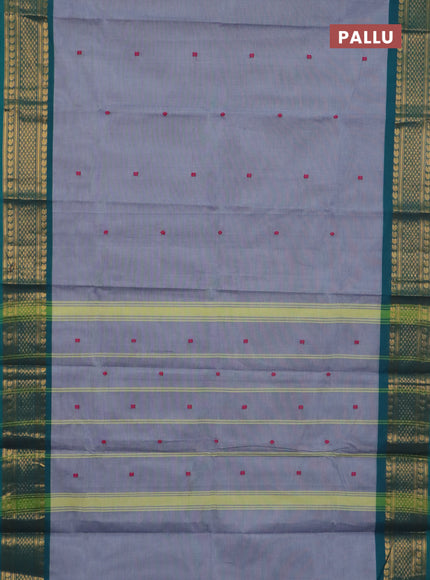 Chettinad cotton saree grey and teal green with thread woven buttas and zari woven border