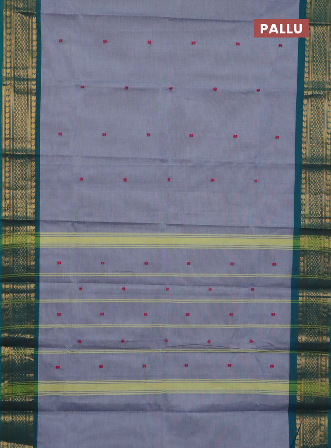 Chettinad cotton saree grey and teal green with thread woven buttas and zari woven border
