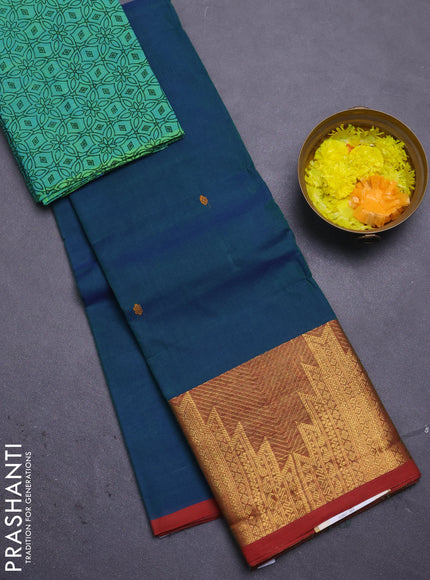Chettinad cotton saree peacock green and teal green with thread woven buttas and temple zari woven border