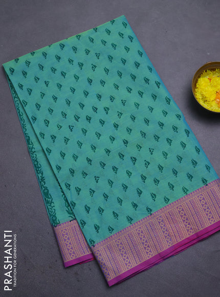 Chettinad cotton saree teal green shade and dual shade of purple with allover butta prints and thread woven border