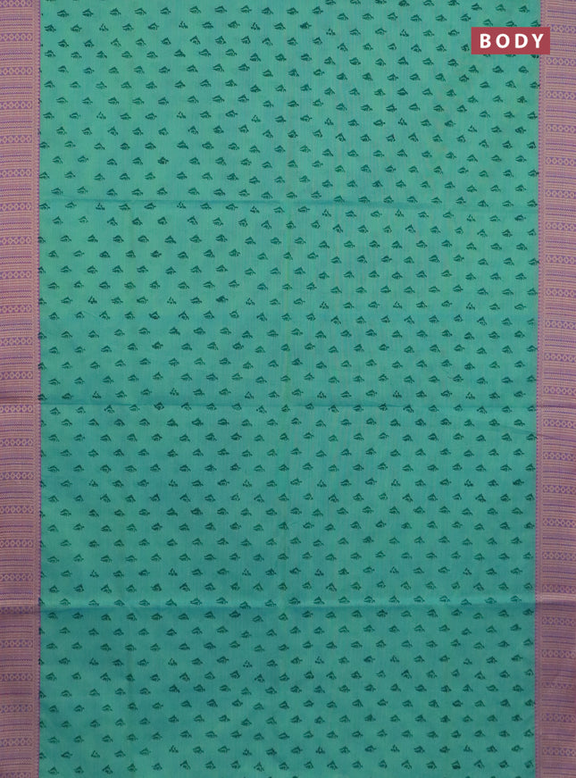 Chettinad cotton saree teal green shade and dual shade of purple with allover butta prints and thread woven border