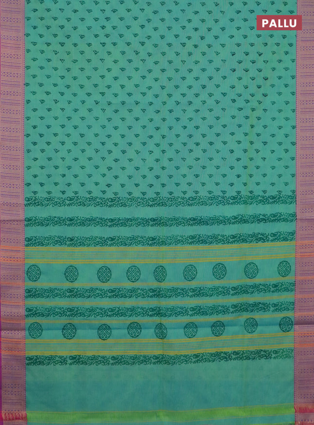 Chettinad cotton saree teal green shade and dual shade of purple with allover butta prints and thread woven border