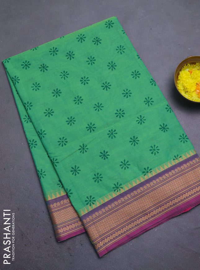 Chettinad cotton saree teal green and purple shade with allover butta prints and thread woven border