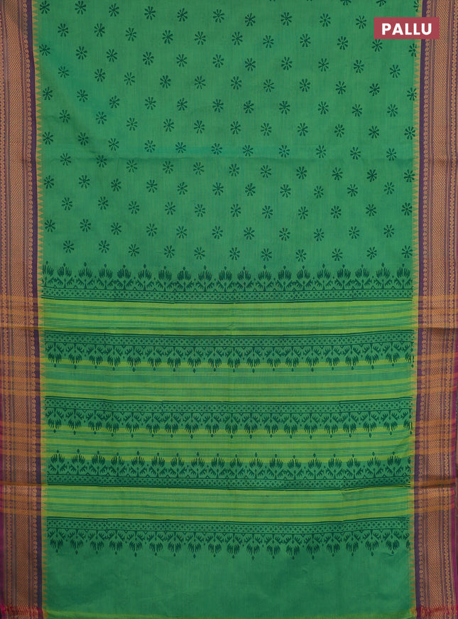 Chettinad cotton saree teal green and purple shade with allover butta prints and thread woven border