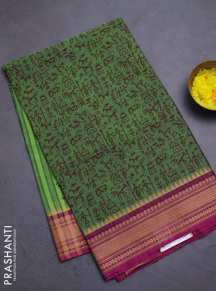 Chettinad cotton saree green and magenta pink with allover warli prints and thread woven border