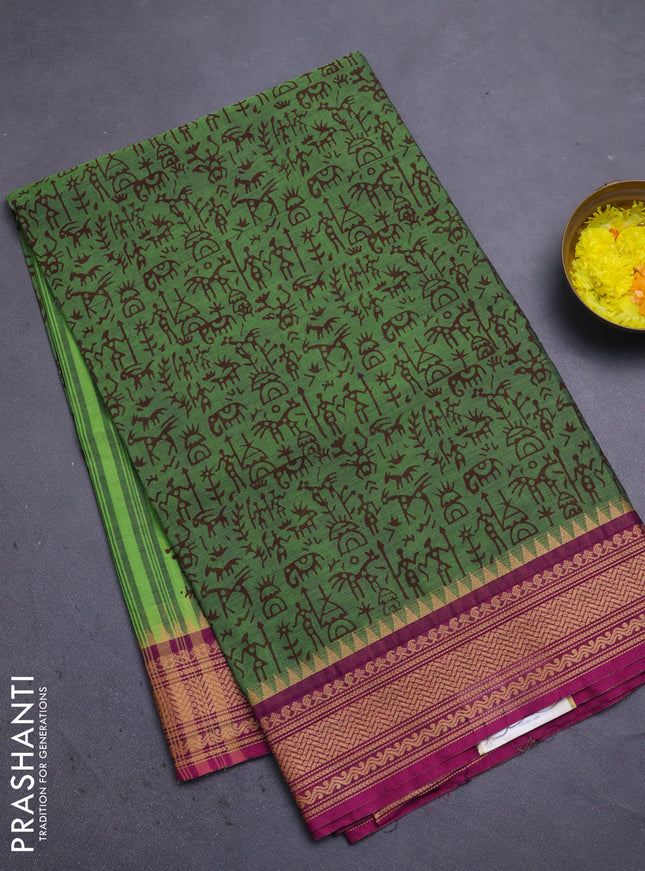 Chettinad cotton saree green and magenta pink with allover warli prints and thread woven border