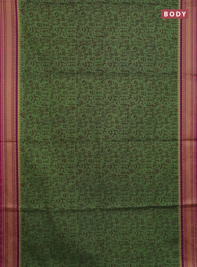 Chettinad cotton saree green and magenta pink with allover warli prints and thread woven border