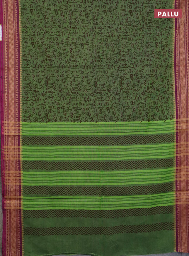 Chettinad cotton saree green and magenta pink with allover warli prints and thread woven border