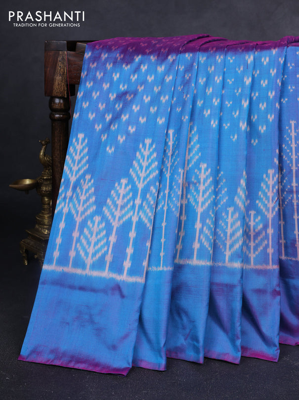 Pochampally silk saree dual shade of bluish pink with allover ikat butta weaves and long ikat woven simple border