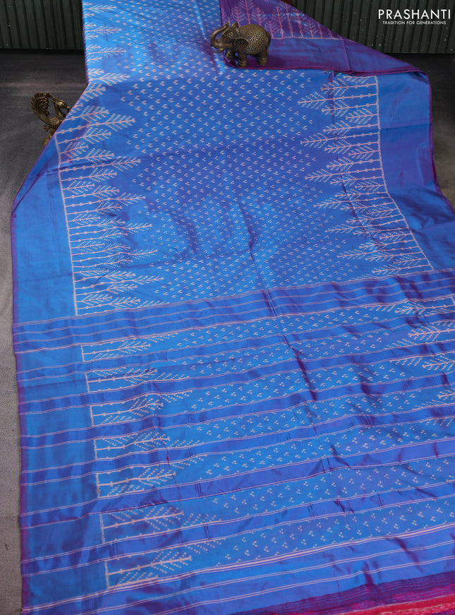 Pochampally silk saree dual shade of bluish pink with allover ikat butta weaves and long ikat woven simple border