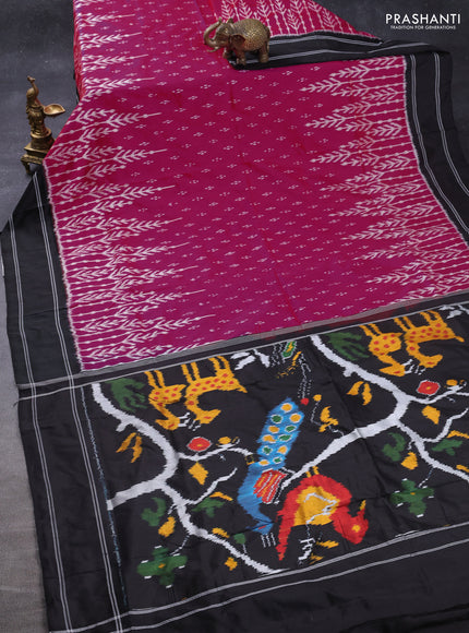 Pochampally silk saree pink and black with allover ikat butta weaves and long ikat woven rettapet border