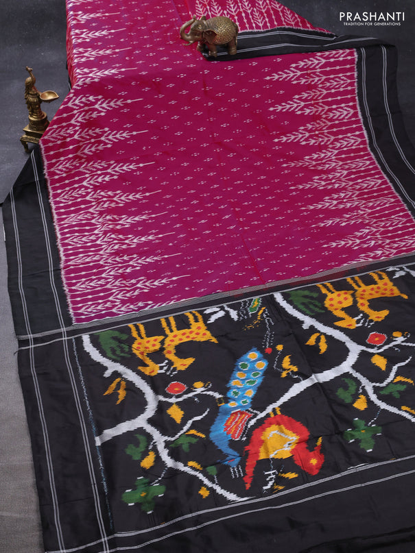Pochampally silk saree pink and black with allover ikat butta weaves and long ikat woven rettapet border