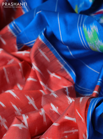 Pochampally silk saree red shade and cs blue with allover ikat butta weaves and rettapet border