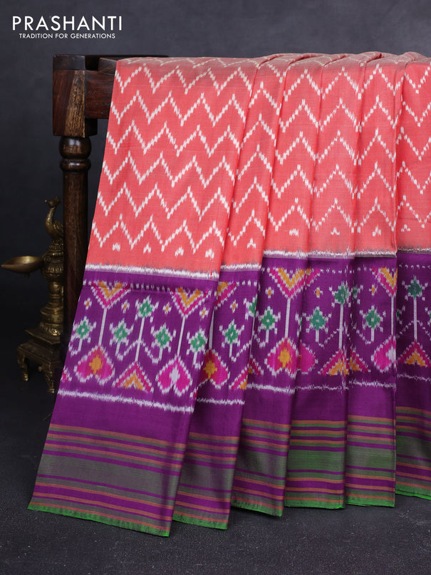 Pochampally silk saree rustic orange shade and purple green with allover zig zag ikat weaves and rettapet border
