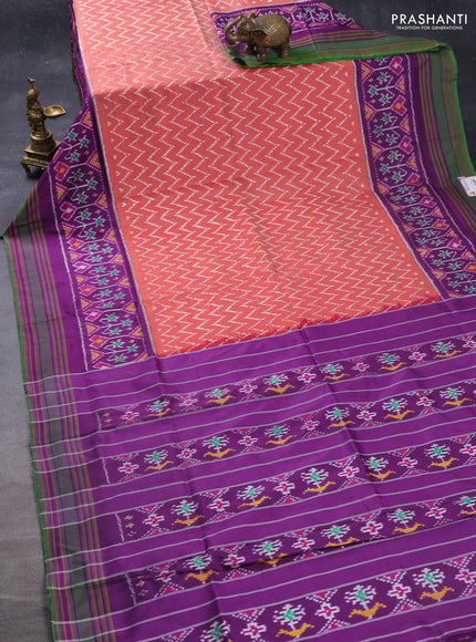 Pochampally silk saree rustic orange shade and purple green with allover zig zag ikat weaves and rettapet border