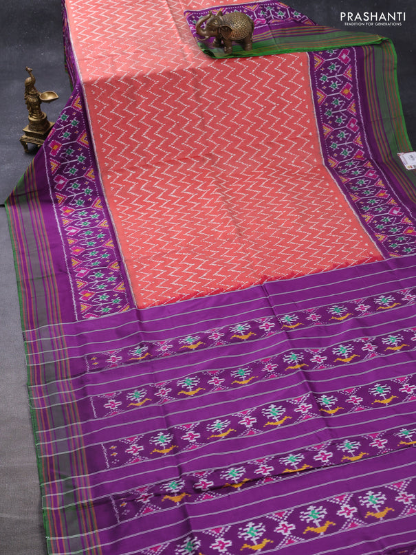 Pochampally silk saree rustic orange shade and purple green with allover zig zag ikat weaves and rettapet border