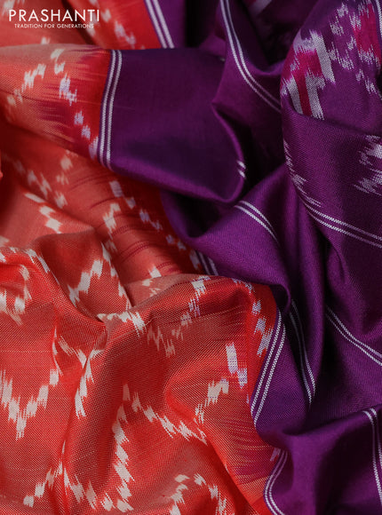 Pochampally silk saree rustic orange shade and purple green with allover zig zag ikat weaves and rettapet border