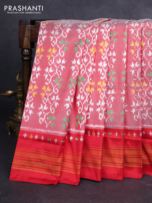 Pochampally silk saree red shade and red with allover ikat weaves and ikat woven border