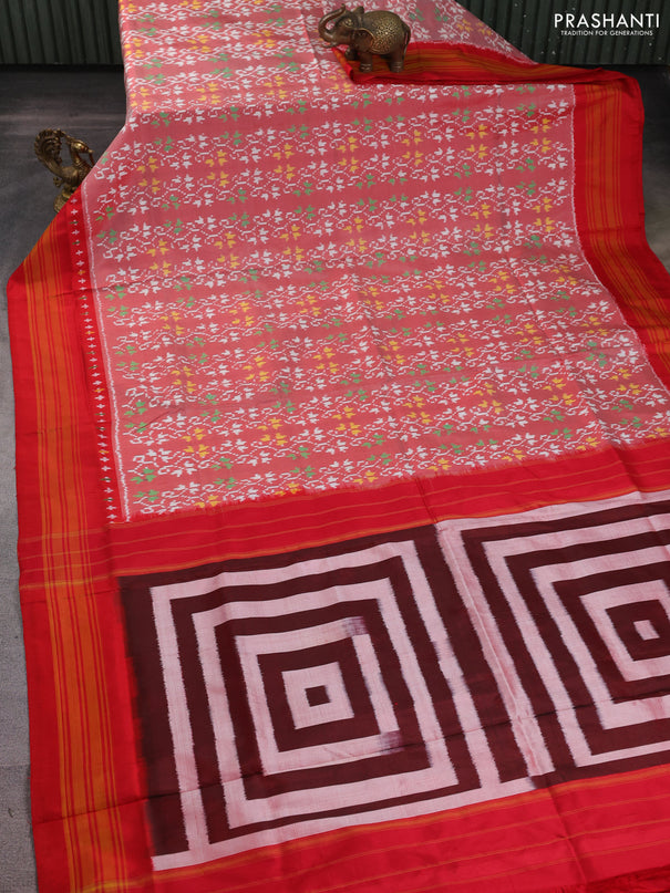 Pochampally silk saree red shade and red with allover ikat weaves and ikat woven border