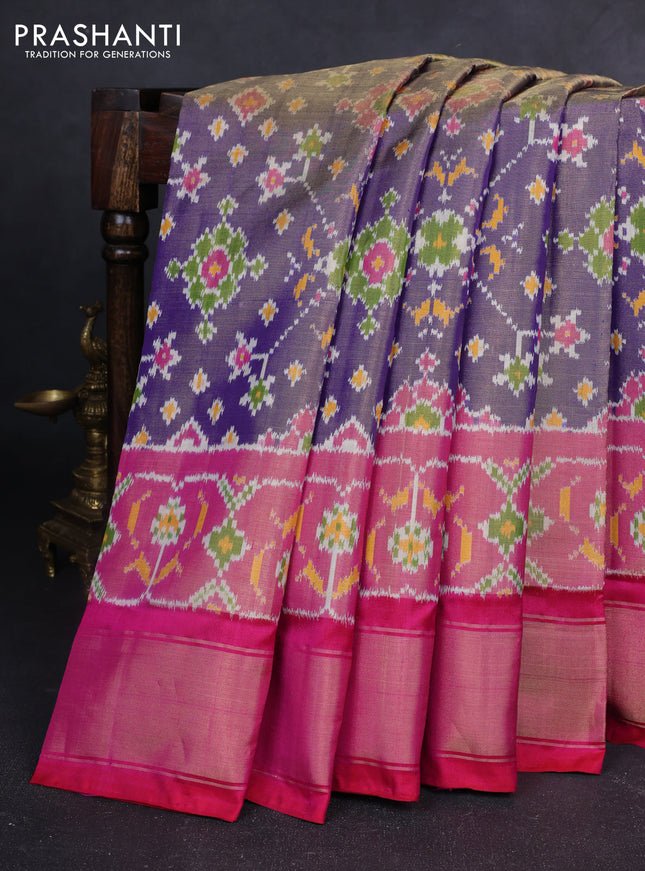Pochampally tissue silk saree violet and pink with allover ikat weaves and long ikat woven border