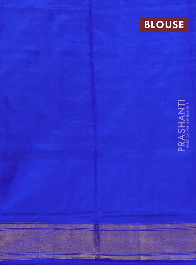 Pochampally silk saree green and blue with allover ikat weaves and ikat woven zari border