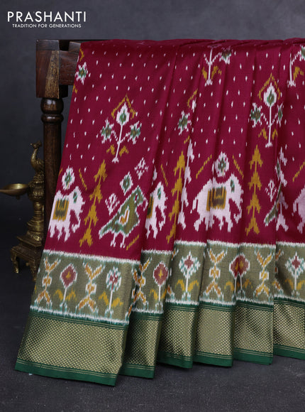 Pochampally silk saree maroon and green with allover ikat weaves and ikat woven zari border
