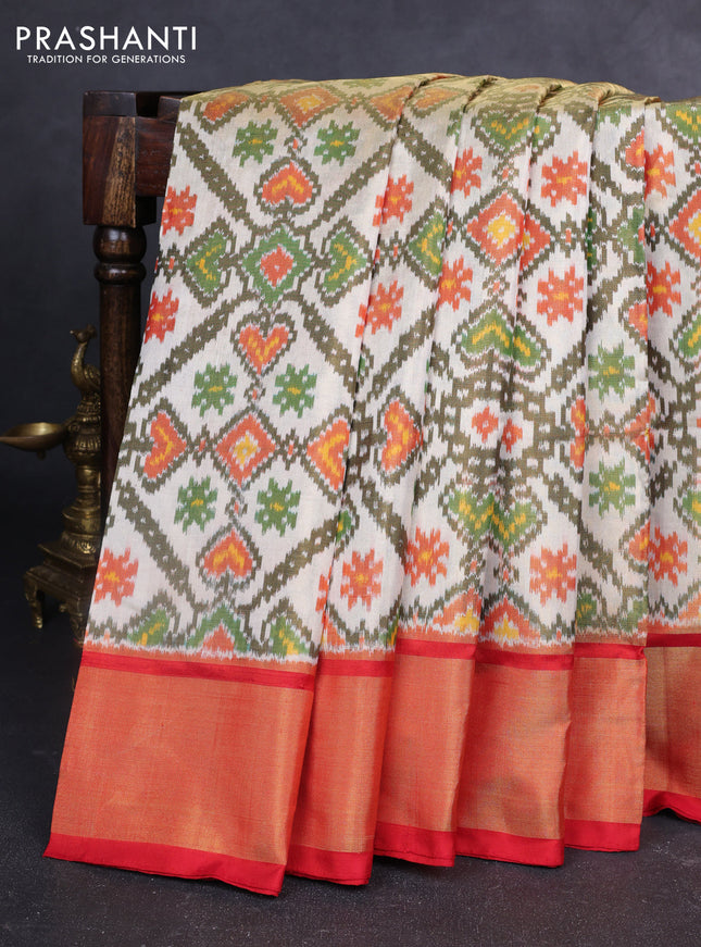 Pochampally tissue silk saree cream and red with allover ikat weaves and zari woven border