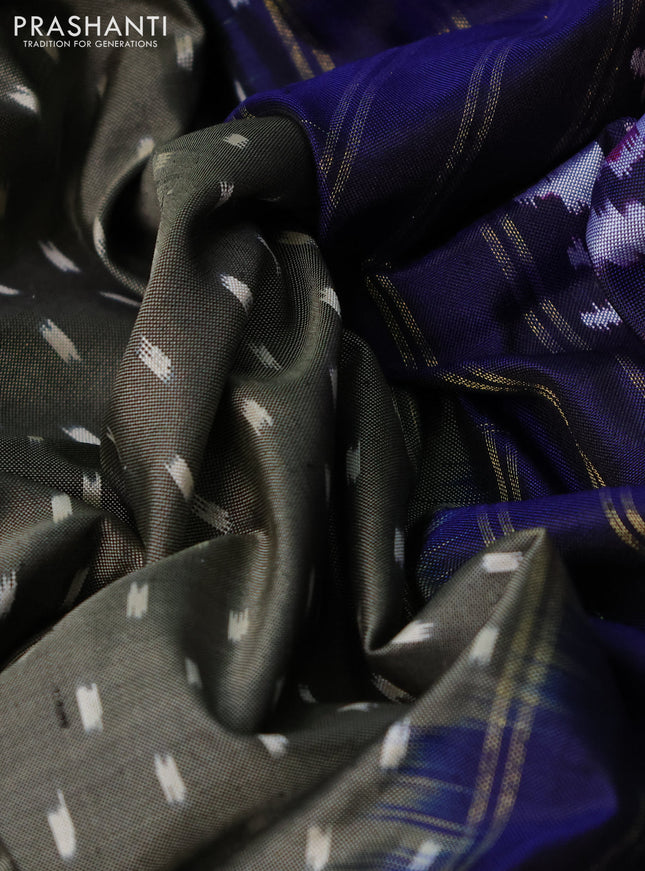 Pochampally silk saree chikku shade and dark blue with allover ikat butta weaves and zari woven border