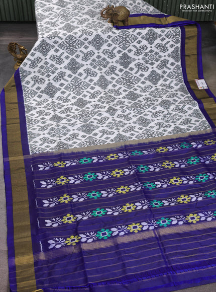 Pochampally silk saree off white grey and blue with allover ikat weaves and zari woven border