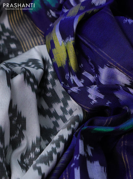 Pochampally silk saree off white grey and blue with allover ikat weaves and zari woven border