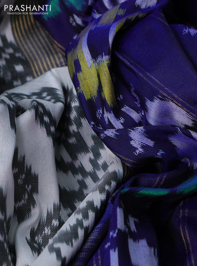 Pochampally silk saree off white grey and blue with allover ikat weaves and zari woven border